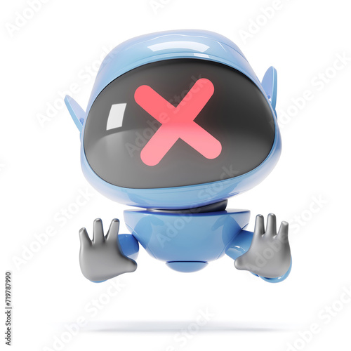 A cartoon cute blue robot with a red cross looks at the camera and tries to stop you. He wants to say that this is very dangerous. friend. 3D work on a white background..