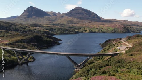 Drone shot of Kylesku Bridge in Sutherland over the Loch a' Chairn Bhain in north-west Scotland, UK photo