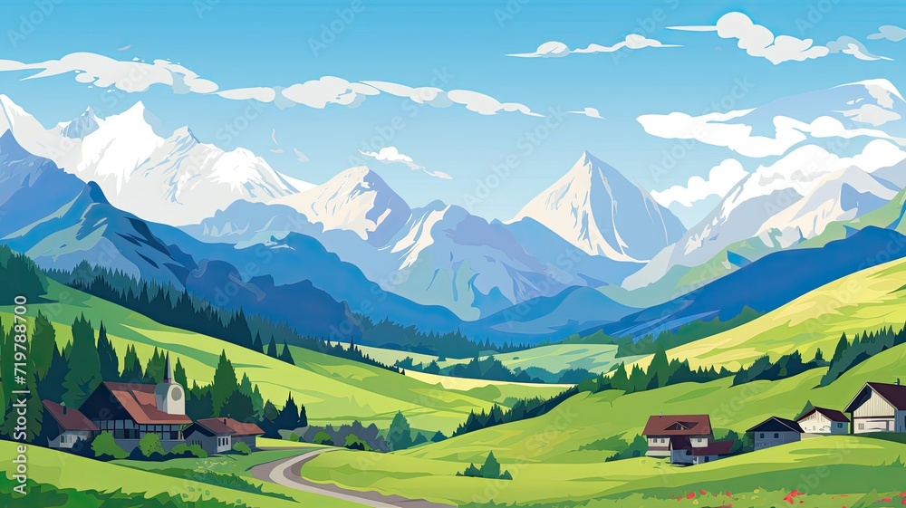 cartoon illustration mountainous landscape on a clear day