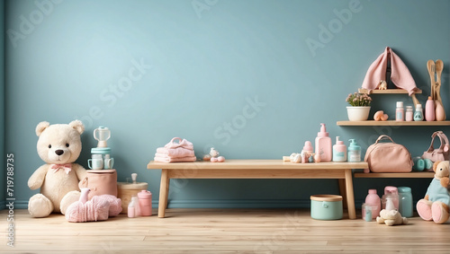 Empty wooden table for product display with baby supplies shop background photo