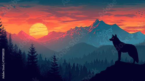 Wolf silhouette sunset illustration