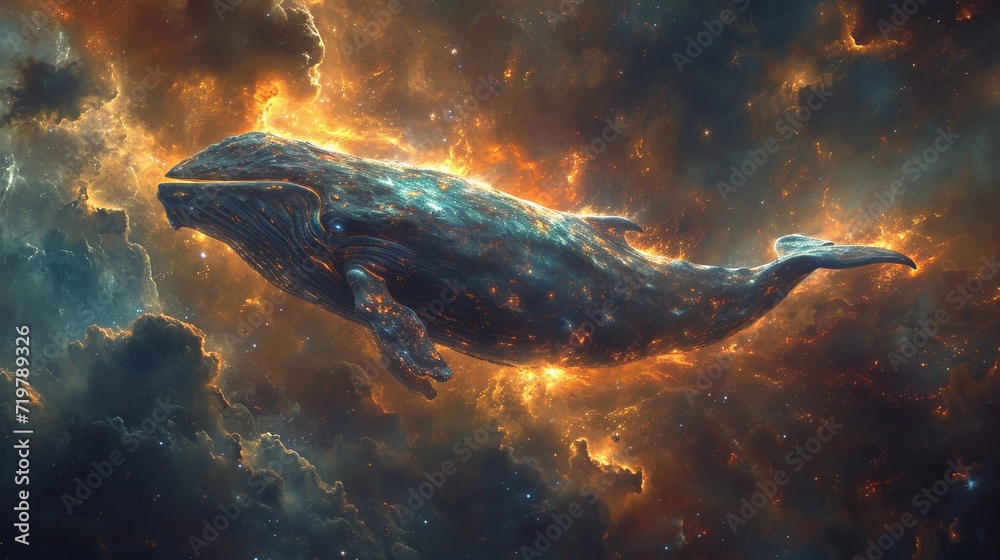 Fototapeta premium A whale surrounded by space and colorful nebula. 