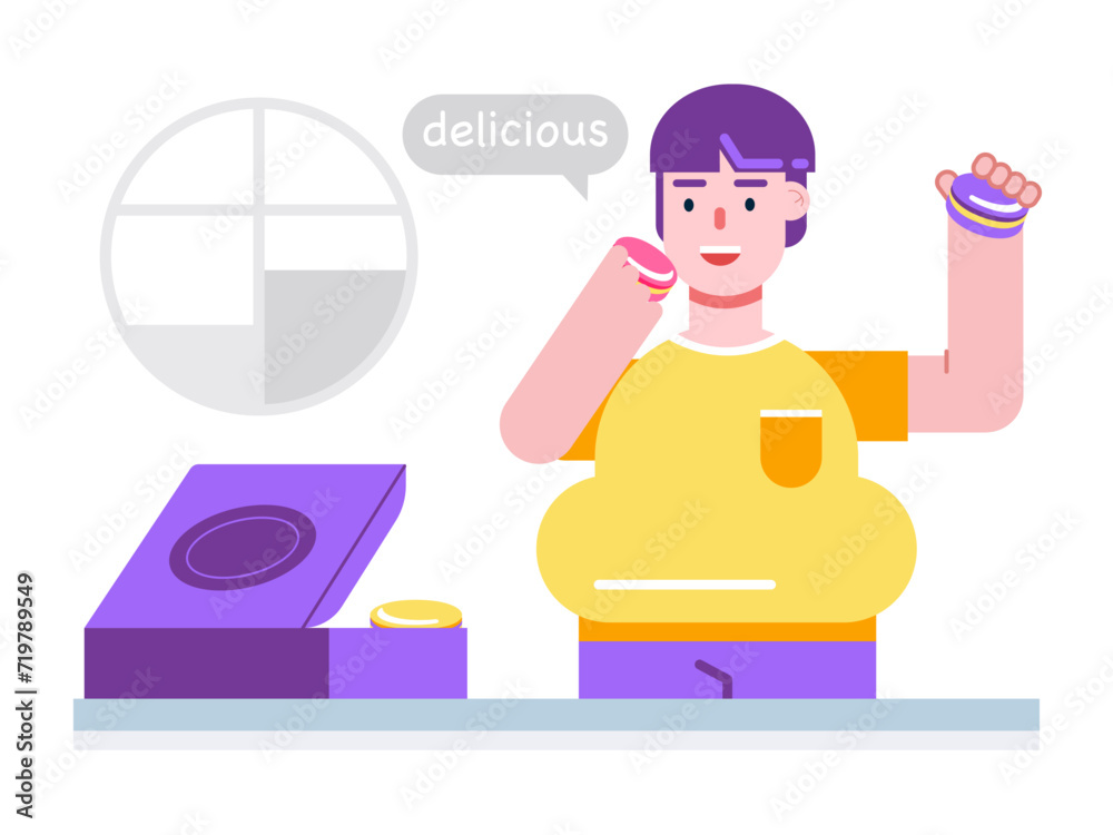 Boy enjoying macarons in boxfeanch macarons, . Dessert vector illustrations. Boy enjoying macarons in boxfeanch macarons, . Dessert vector illustrations.