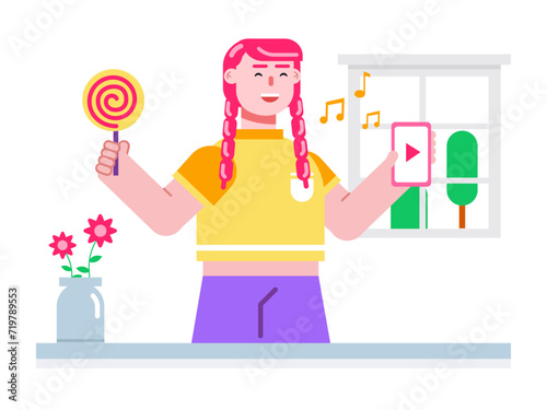 Young girl enjoying candy along with listening music. Dessert vector illustrations.