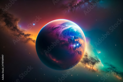 Illustration of planet in space with colorful nebula