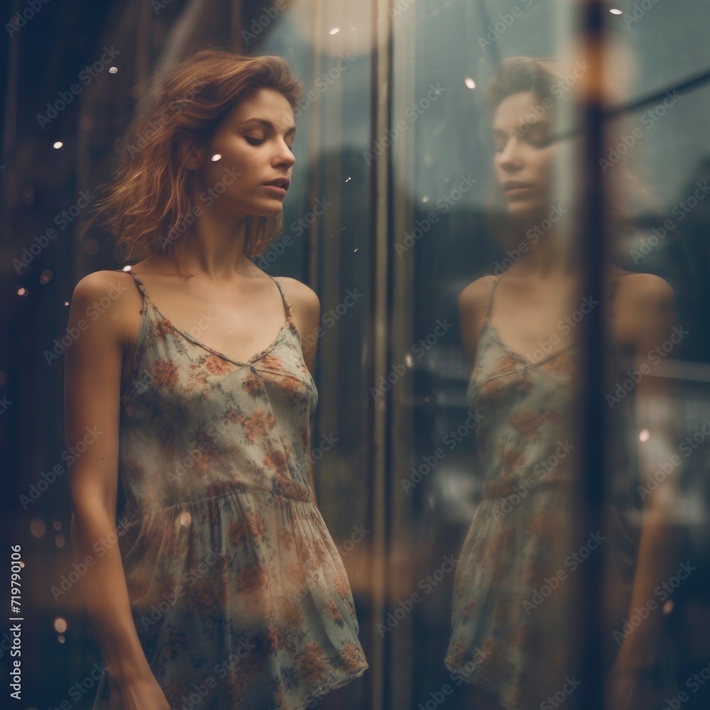 dreamy street photo cute pretty young woman glass window reflection glare gloomy sadness moment dreamy street photo cute pretty young woman glass window reflection glare gloomy sadness moment