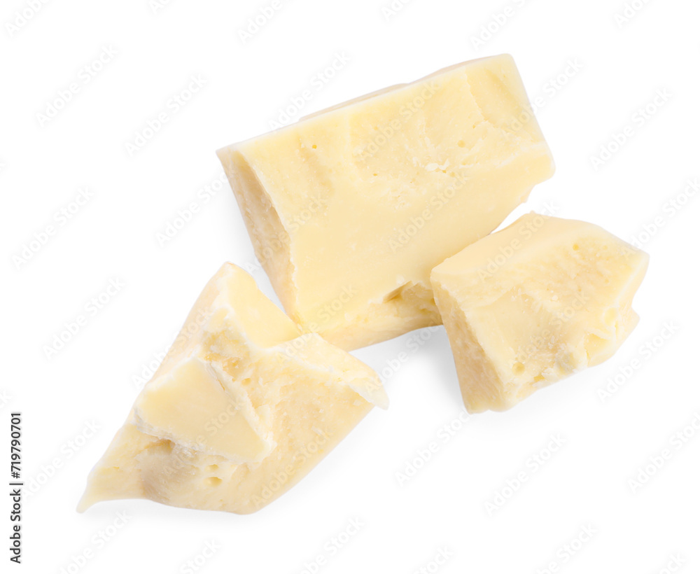 Pieces of tasty chocolate isolated on white, top view Pieces of tasty chocolate isolated on white, top view