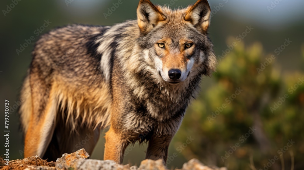a brown wolf is standing on a rocky hill looking away