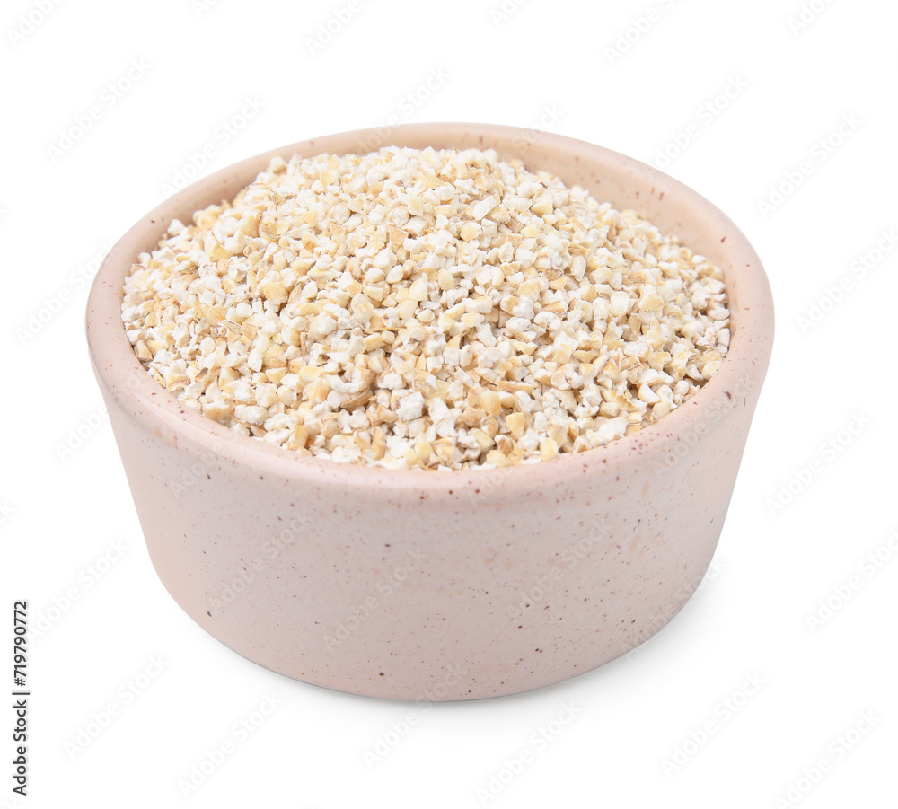 Dry barley groats in bowl isolated on white Dry barley groats in bowl isolated on white