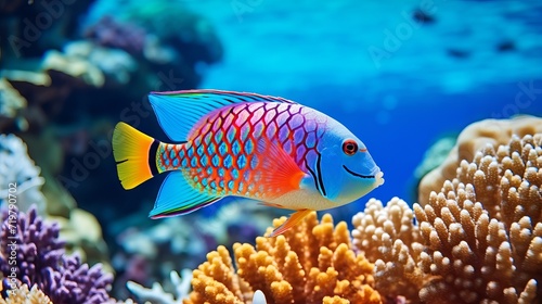 a fish swimming on top of some bright corals with red and orange