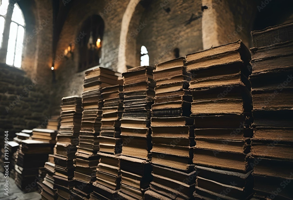 AI generated illustration of A towering pile of vintage books sits on a rustic wooden table AI generated illustration of A towering pile of vintage books sits on a rustic wooden table