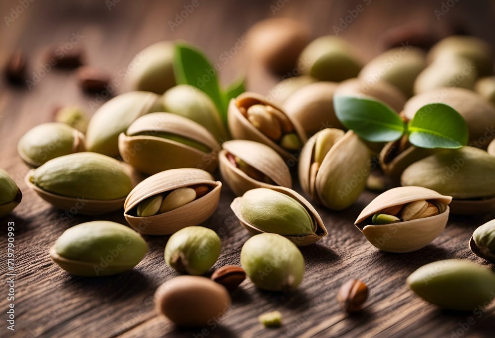AI generated illustration of Pistachio nuts displayed on a rustic wooden table AI generated illustration of Pistachio nuts displayed on a rustic wooden table