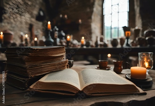 an open book with lit candles beside it on a table