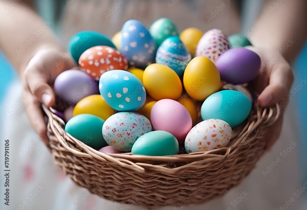 AI generated illustration of a basket filled with multicolored Eastern eggs AI generated illustration of a basket filled with multicolored Eastern eggs