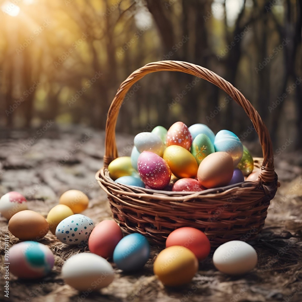 AI generated illustration of a basket filled with multicolored Eastern eggs AI generated illustration of a basket filled with multicolored Eastern eggs