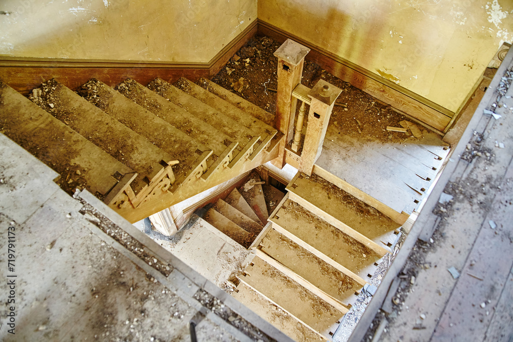 Abandoned Wooden Staircase in Decrepit Mansion, Overhead View Abandoned Wooden Staircase in Decrepit Mansion, Overhead View
