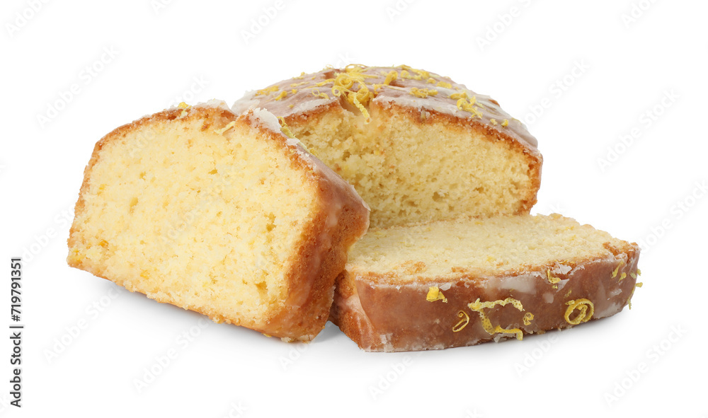Pieces of tasty lemon cake with glaze isolated on white
