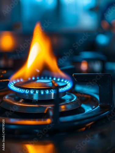 Close-up of gas burners. Fire. Natural gas. Blurry background. Photo with copy space. generative AI photo