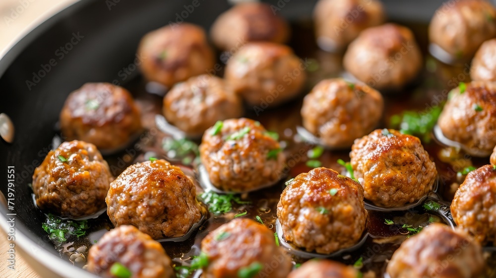 A delicious pan of frying minced meatballs with seasonings. A delicious pan of frying minced meatballs with seasonings.