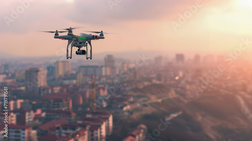 Drone with camera equipment flying over urban buildings