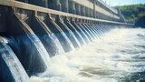 Closeup of a hydroelectric dam, harnessing the power of a rushing river.