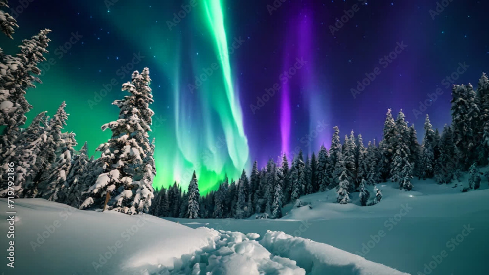 Northern Lights, Winter scene, Mountains winter scene, full moon