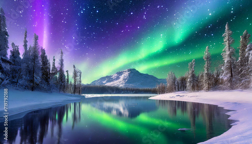 Northern Lights, Winter scene, Mountains winter scene, full moon © The Perfect Moment