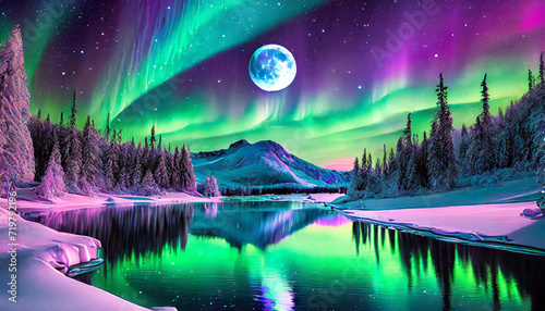 Northern Lights, Winter scene, Mountains winter scene, full moon © The Perfect Moment