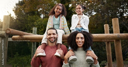 Happy family, relax and park in nature for holiday, weekend of fun bonding together in the outdoors. Portrait of Father, mother and children relaxing or enjoying time outside on piggyback in forest #719792511