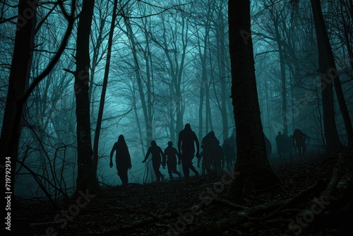 Fototapeta Naklejka Na Ścianę i Meble -  A haunted forest with eerie lighting and silhouettes of creepy creatures