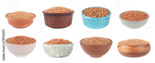 Buckwheat grains in bowls isolated on white, set