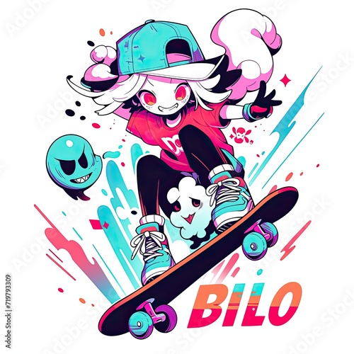 character, cartoon, illustration, vector, playing skateboard, cool, focus, t-shirt design, tee design, white background photo