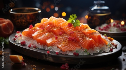 Wallpaper Mural Delicious fresh sashimi on ice with black and blur background Torontodigital.ca