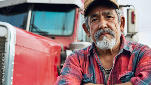 Mature Hispanic male truck driver, taking a break