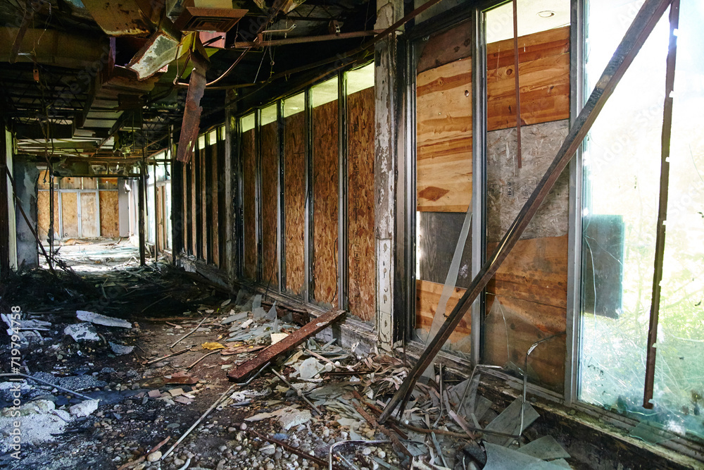 Abandoned Hotel Interior with Sunlit Windows and Debris, Ohio