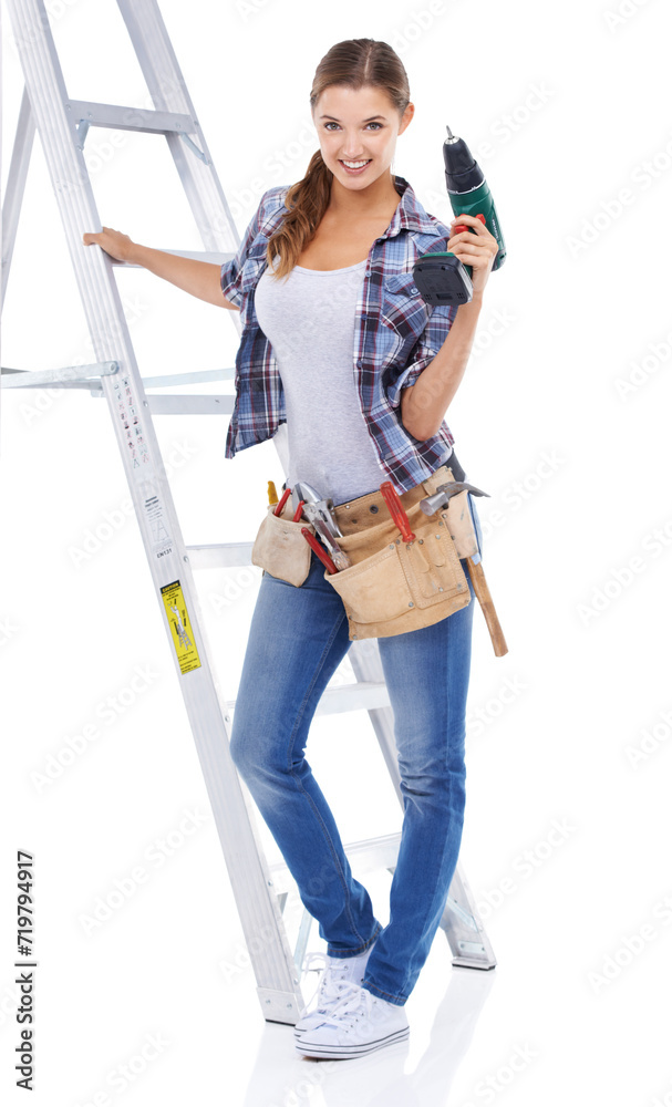 Woman, portrait and ladder or tool for construction worker for building career, maintenance or diy. Female person, face and power drill or studio on white background or improvement, project or mockup Woman, portrait and ladder or tool for construction worker for building career, maintenance or diy. Female person, face and power drill or studio on white background or improvement, project or mockup