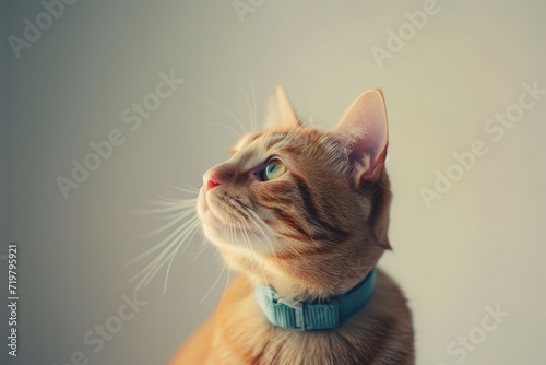  Adorable Kitten in Blue Collar: Playful Charm on Gray Background
