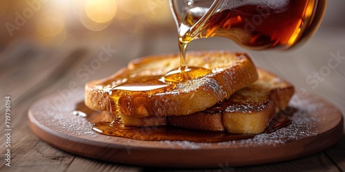 pouring syrup on fresh baked french toast breakfast photo