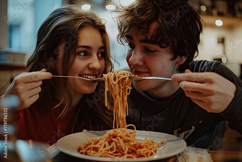  Spaghetti Serenade  Young Man and Woman Enjoying a Pasta Feast  