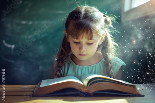 Young Girl Immersed in Reading: Classroom Exploration 