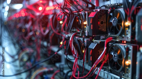 GPUS lined up in a bitcoin mining farm similar to ASIC crypto mining rigs