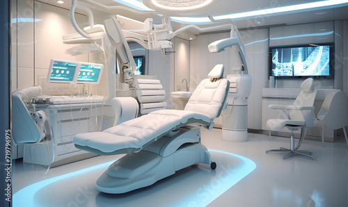 a futuristic operating room, equipped with advanced medical tools and state-of-the-art technology .Dental equipment in dentist office in new modern stomata logical clinic room. photo
