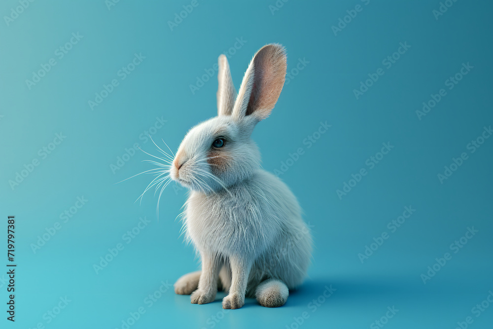 Cute white rabbit sitting on a blue background. Easter concept. Cute white rabbit sitting on a blue background. Easter concept.