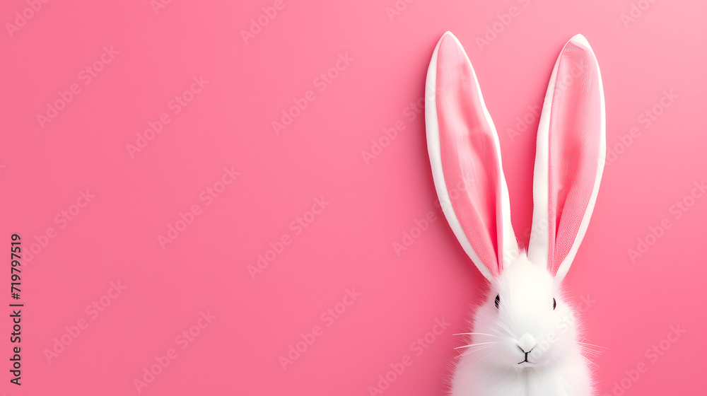 Fototapeta premium Cute white rabbit on pink background. Easter concept. Copy space.