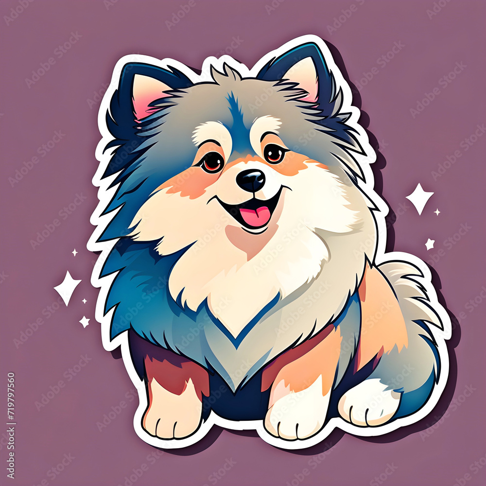cute cartoon sticker art design of a brown, black, tan, and white spitz / keeshond / pomeranian / sheltie / sheepdog / shepherd / collie dog puppy cute cartoon sticker art design of a brown, black, tan, and white spitz / keeshond / pomeranian / sheltie / sheepdog / shepherd / collie dog puppy