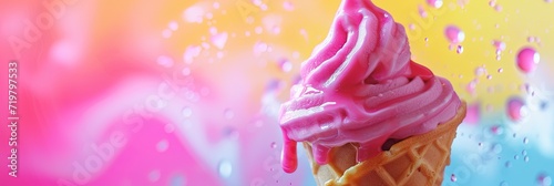 Colorful melty ice cream cone on a colorful background with copy space for ice cream shops and advertisements photo
