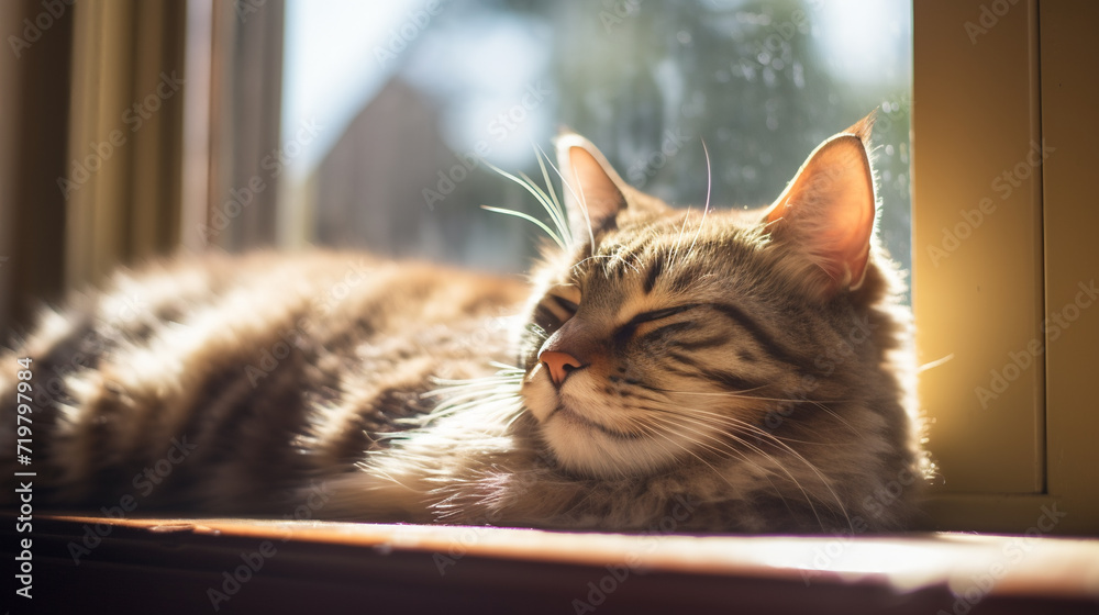 A cat basking in the sunlight near a window. AI Generative.