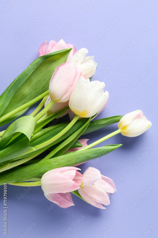 Bouquet of beautiful tulips on purple background. International Women's Day Bouquet of beautiful tulips on purple background. International Women's Day