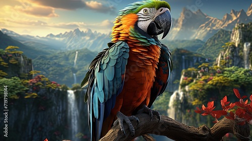 A colorful parrot perched in a tropical rainforest