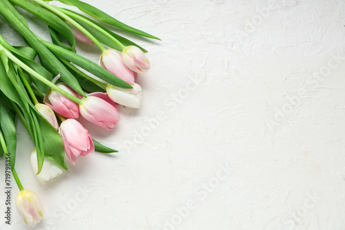 Bouquet of beautiful tulips on white background. International Women's Day
